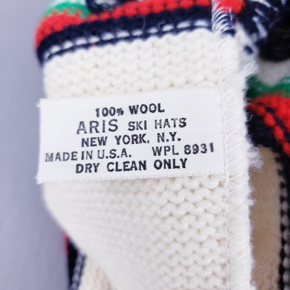 Aris Vintage Wool Ski Hat Ladybugs Cream Navy Winter Knit Hat Made in USA - Picture 9 of 9